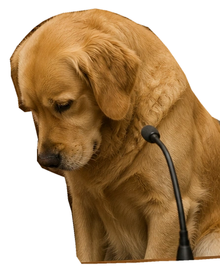 A golden retriever bows its fluffy head, ears drooping and eyes downcast, beside the witness microphone.