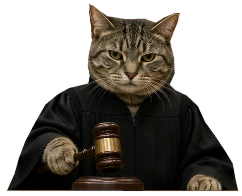 A deadpan gray tabby in black judge's robes holds a wooden gavel above the bench.