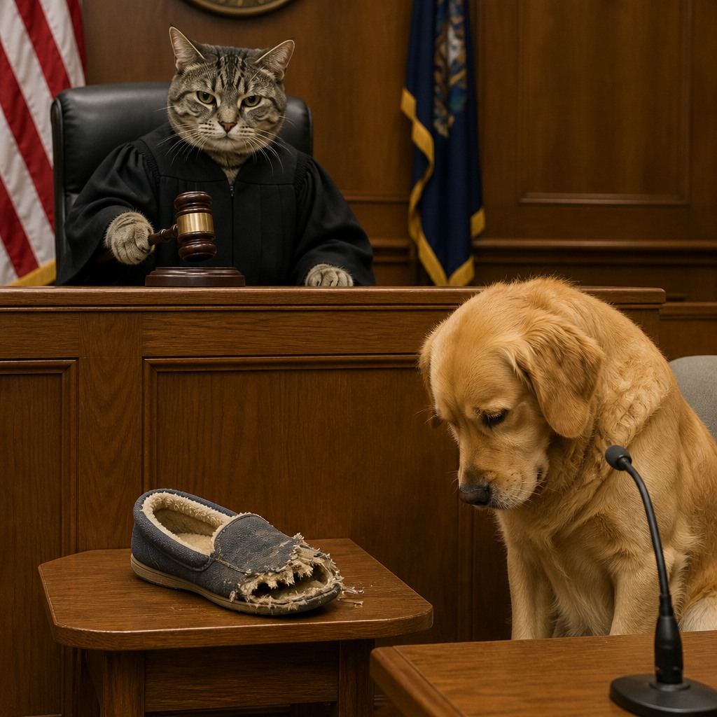 The original #425 courtroom photograph: tabby judge above, guilty retriever to the right, and chewed slipper on a central evidence table.