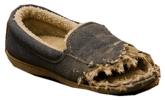 The evidence: one gray slipper with its toe chewed open and stuffing exposed.
